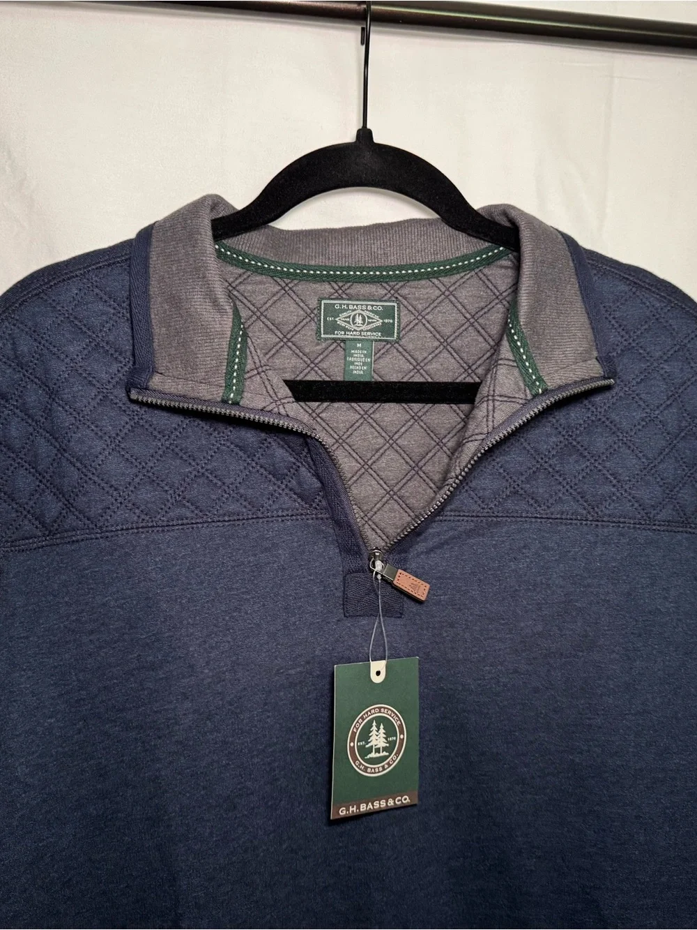 NWT G.H. Bass & Co. Quilted Quarter-Zip Fleece Pullover Navy Size M